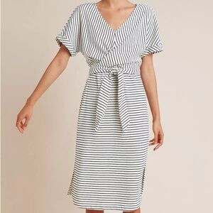 Anthropologie Navy Stripe V Neck Tie Dress